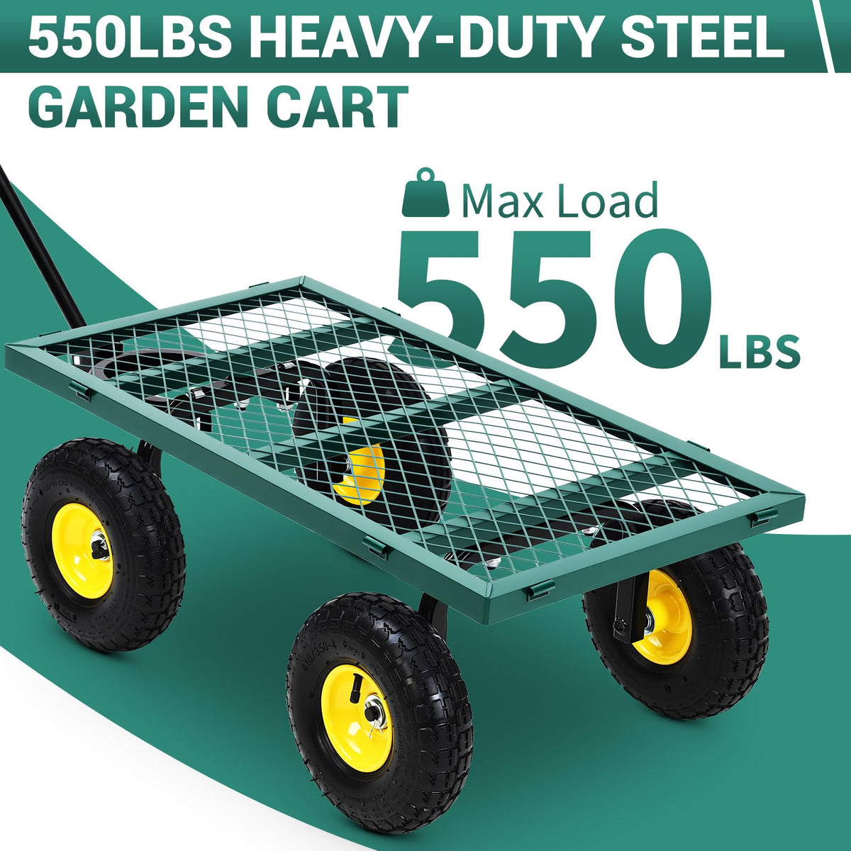 Chariot de jardin GARVEE 249 kg (550 lb), acier robuste, design 3-en-1, côtés amovibles, poignée pivotante 180°, pneus 25 cm