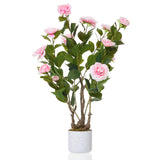 Garvee Ensemble de 2 camélias artificiels avec fleurs roses de 76cm (76,2cm) dans un pot blanc moucheté, pour la maison et le bureau - 2 pièces