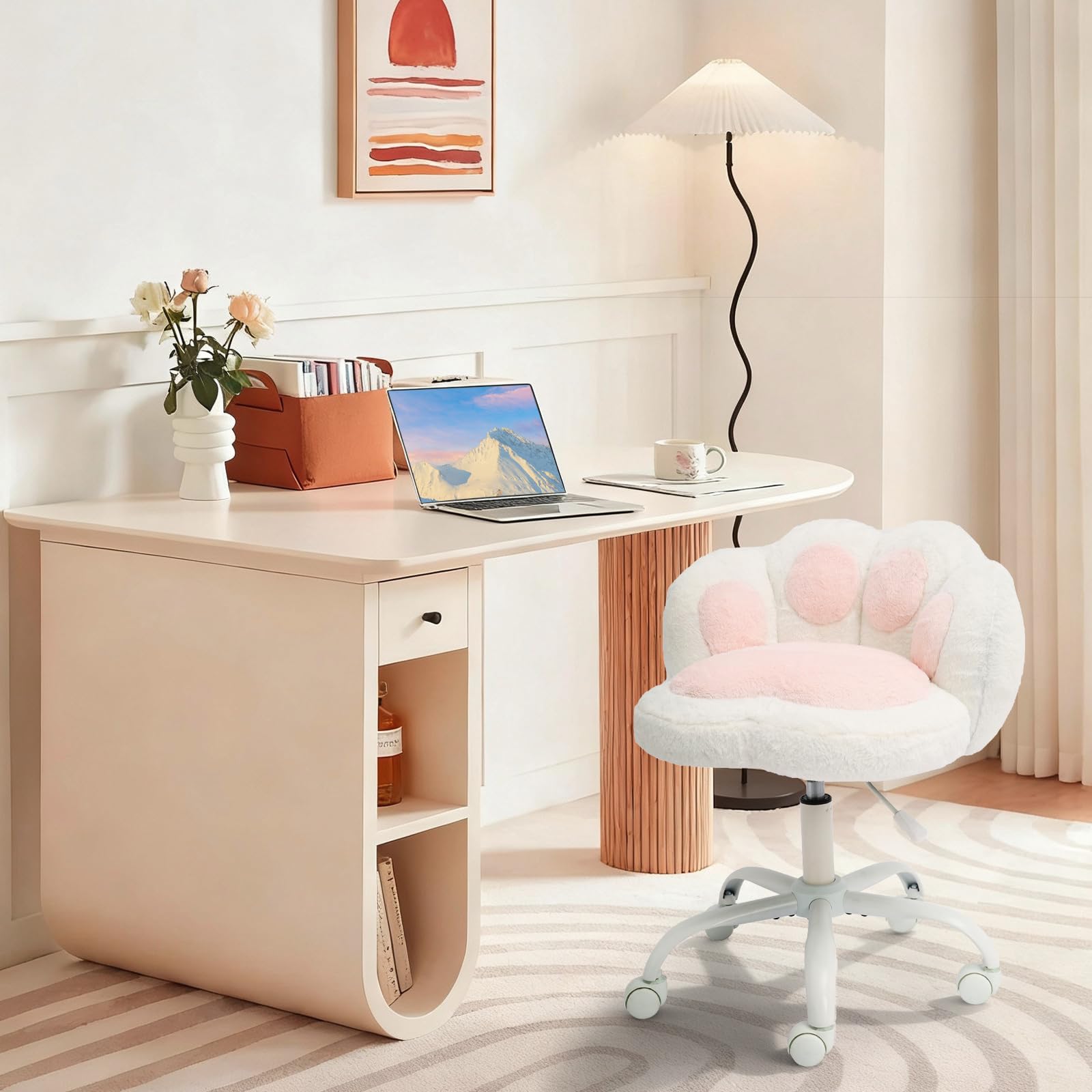 Chaise de coiffeuse Garvee à roulettes, pivotante à 360°, réglable en hauteur, coussin moelleux, structure en métal, dossier en forme de patte de chat, confortable et stable, grise, idéale pour le bureau et la chambre.