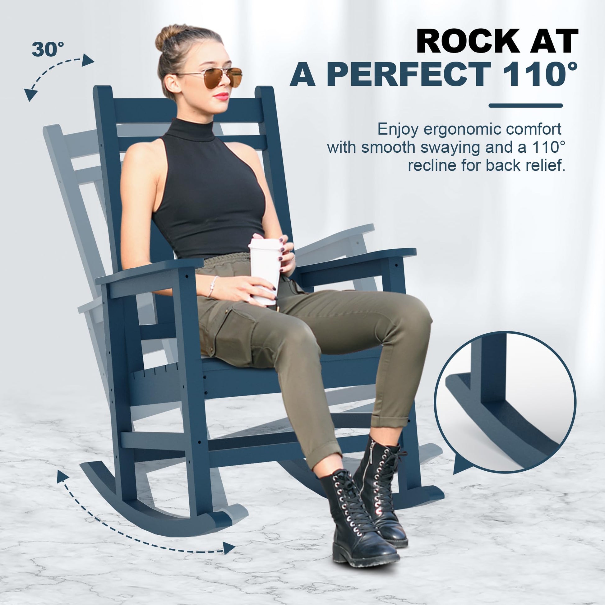 Garvee Fauteuil à bascule d’extérieur en HDPE bleu marine, assise large avec accoudoirs spacieux, résistant aux intempéries, pour jardin et porche