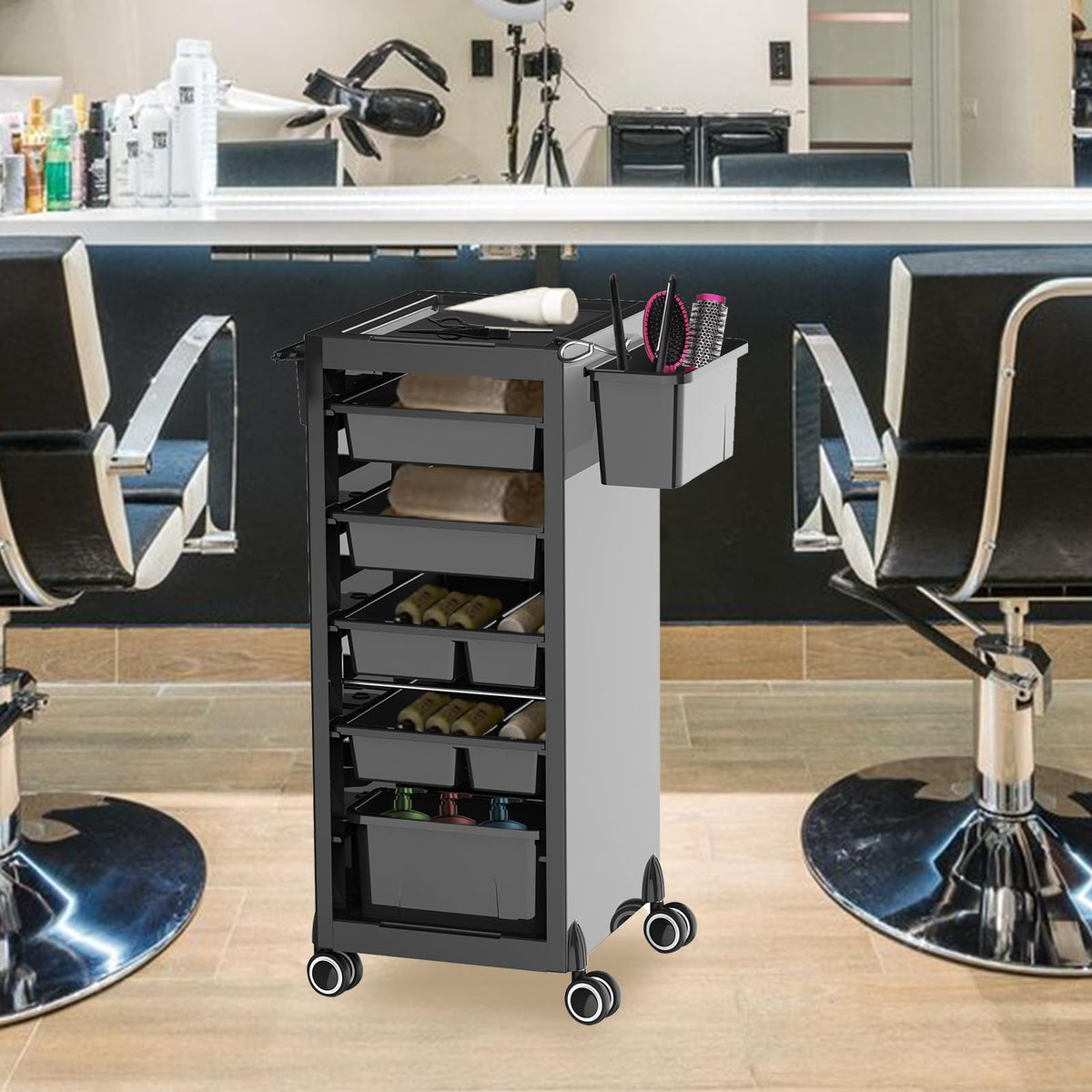 Chariot de salon à 6 tiroirs avec support pour sèche-cheveux, noir.