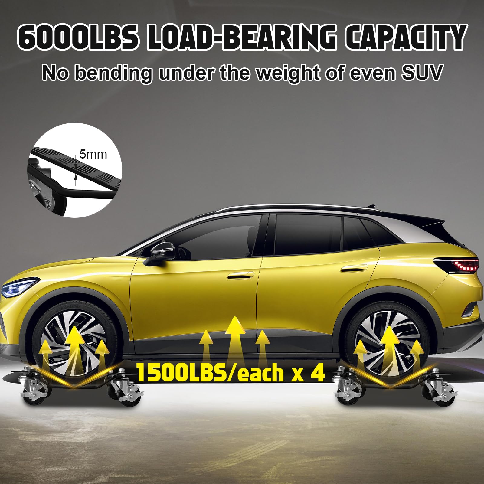 Garvee Lot de 4 Chariots de Déplacement Auto 2 722 kg, 680 kg par Unité, Acier Renforcé, Roues 360° avec Freins, Surface Antidérapante 4 mm, Noir