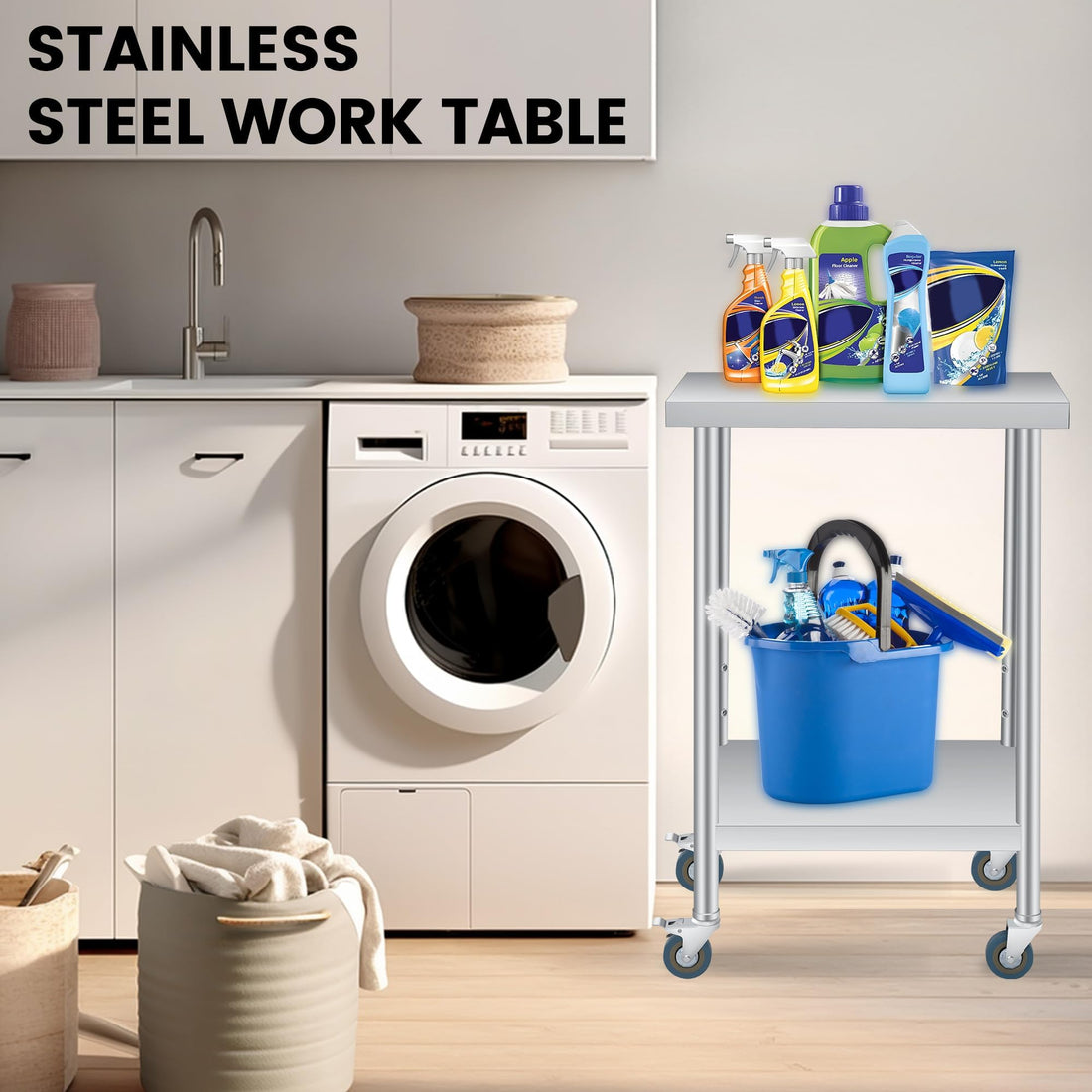 Garvee table de travail inox 61 × 30,5 cm, étagère réglable, 4 roulettes et capacité de charge de 300 kg
