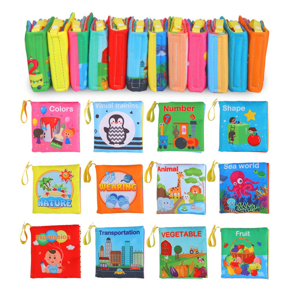 Coffret de 12 livres d'éveil en tissu Garvee Baby, en coton lavable, doux et non toxique, idéal pour les bébés et les jeunes enfants. 10,5 x 10,5 cm. Idéal comme cadeau.