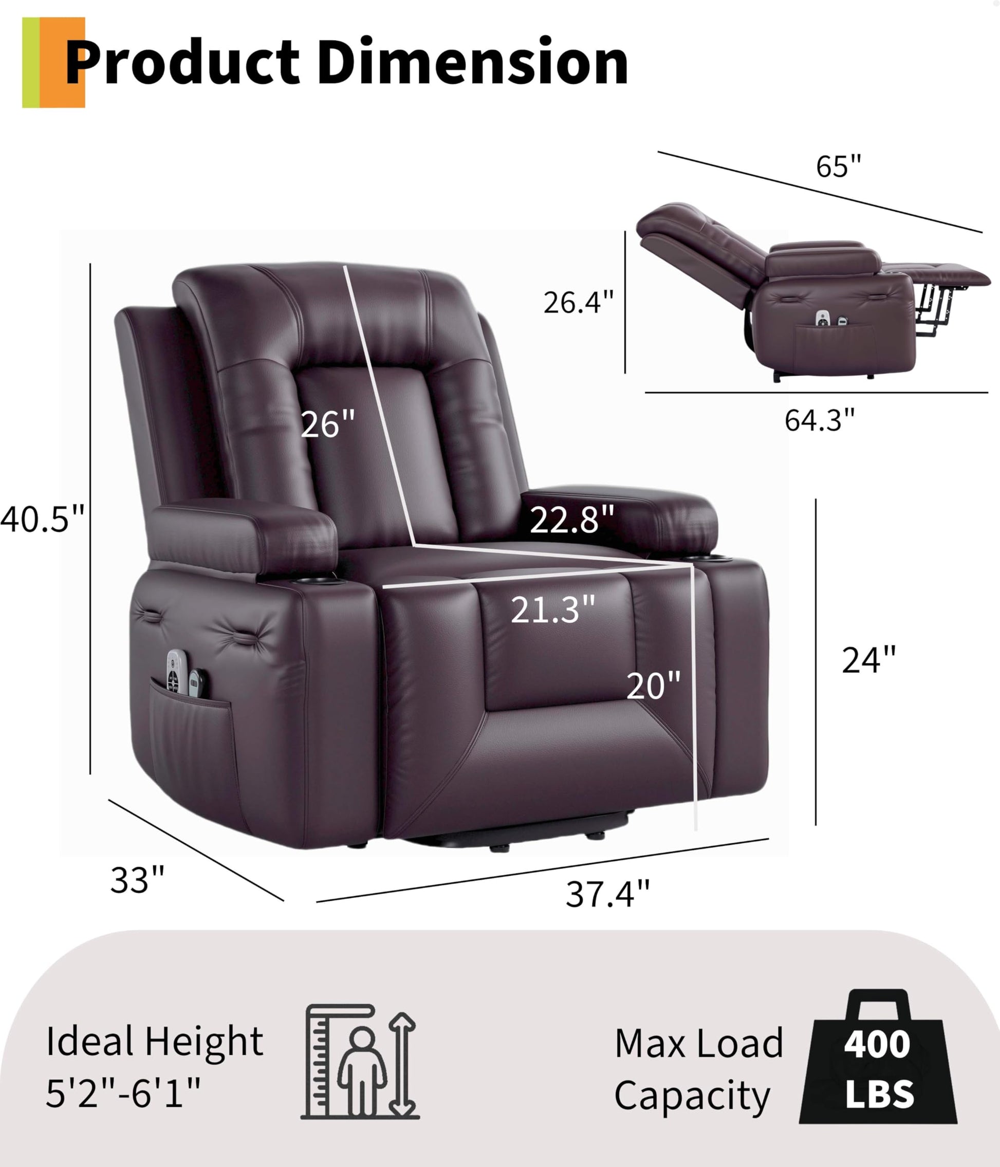 Fauteuil releveur électrique Garvee avec fonction chauffante et massante pour seniors, 98 x 95 x 103 cm, revêtement en cuir PU noir