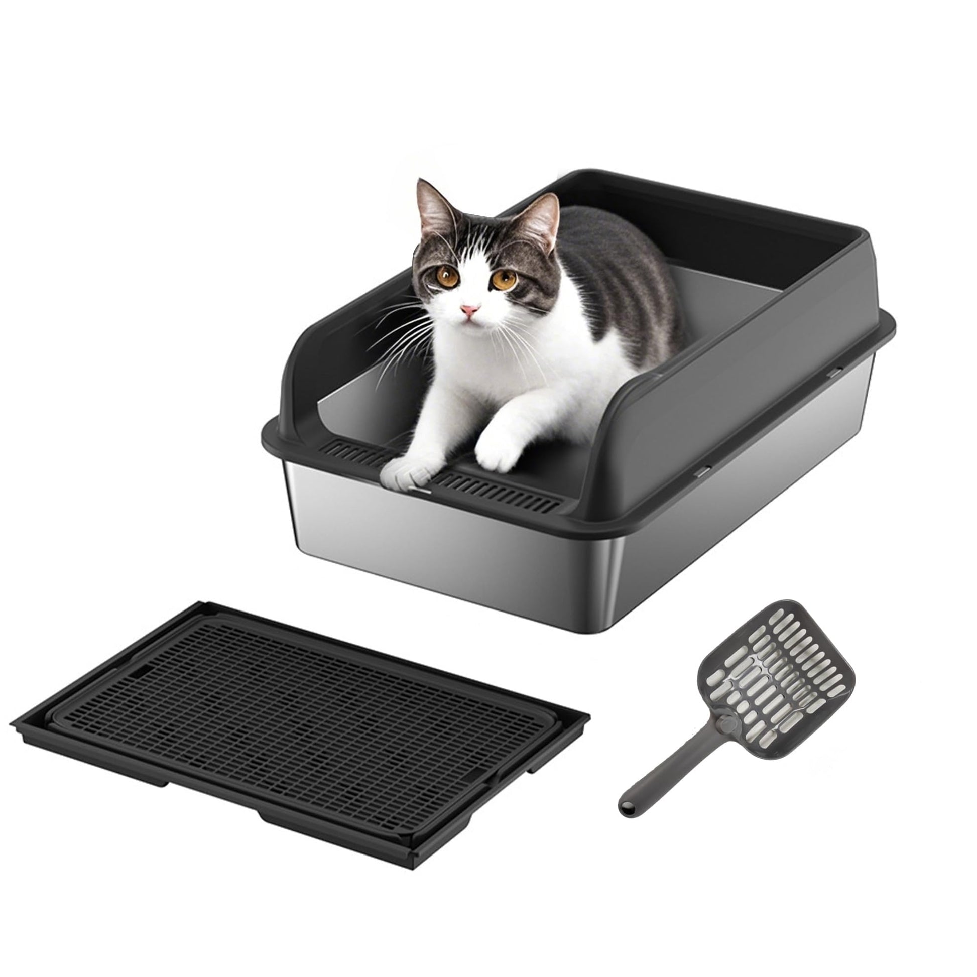 Bac à litière pour chat Garvee en acier inoxydable avec couvercle, 15 cm de profondeur, antirouille, grande capacité pour un usage domestique, double tapis de litière, facile à nettoyer