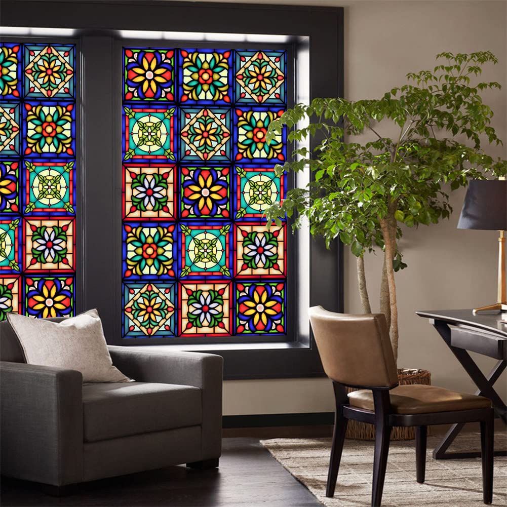 Film adhésif rétro coloré Garvee à motif floral, électrostatique, 45 x 100 cm, translucide, pour salon et bureau.