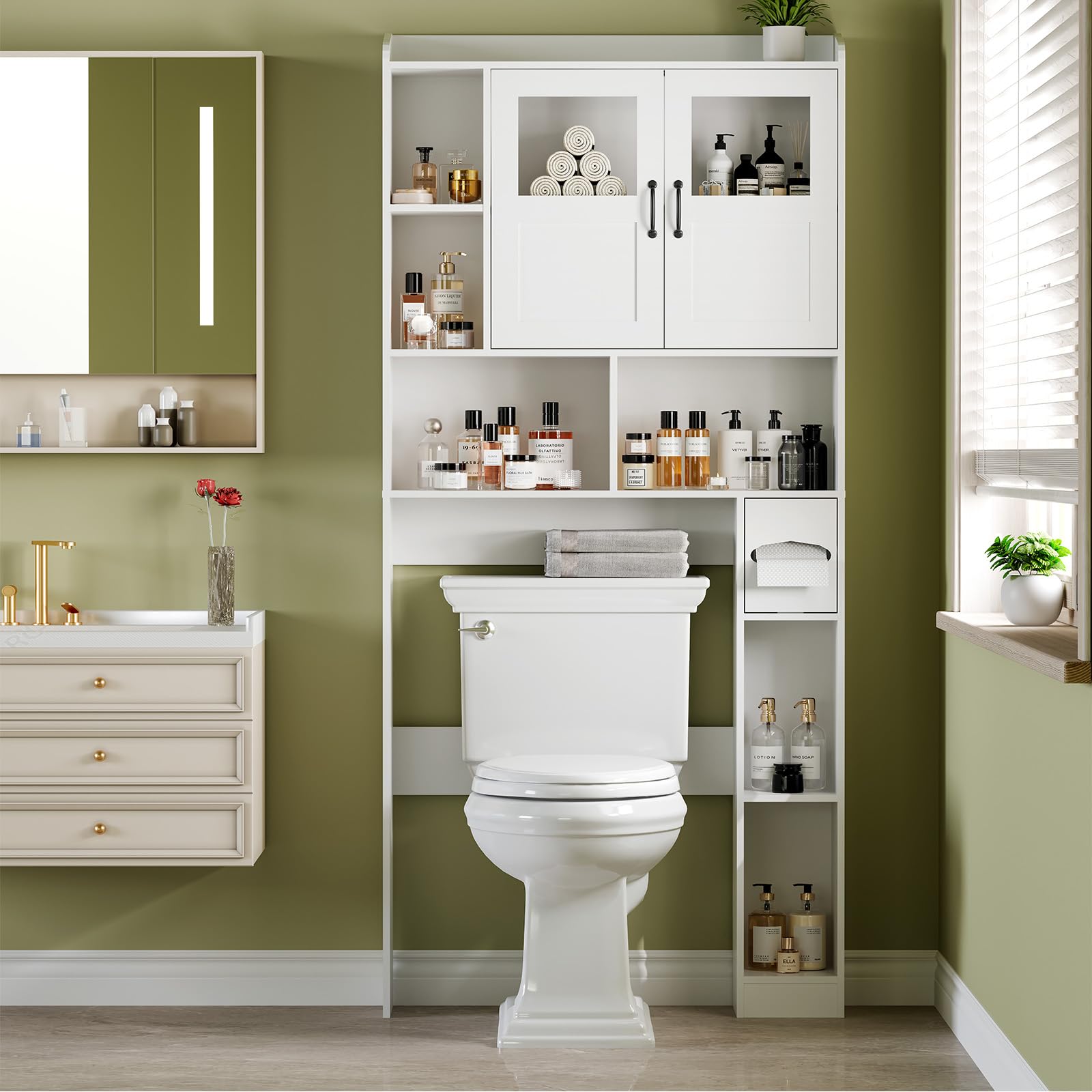 Armoire de rangement Garvee à suspendre au-dessus des toilettes, avec étagères réglables et porte vitrée, pour salle de bain et buanderie, marron