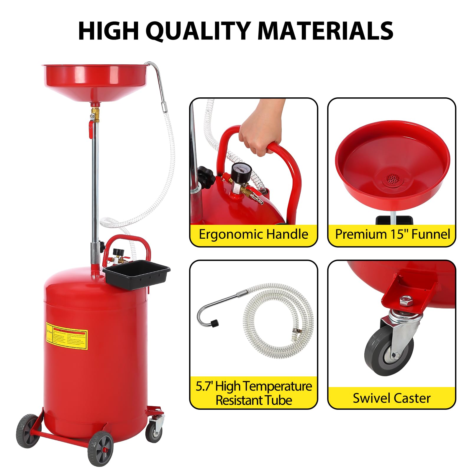 Conteneur de vidange d'huile Garvee de 75 litres (20 gallons) avec roulettes et entonnoir à hauteur réglable pour ateliers, acier, noir