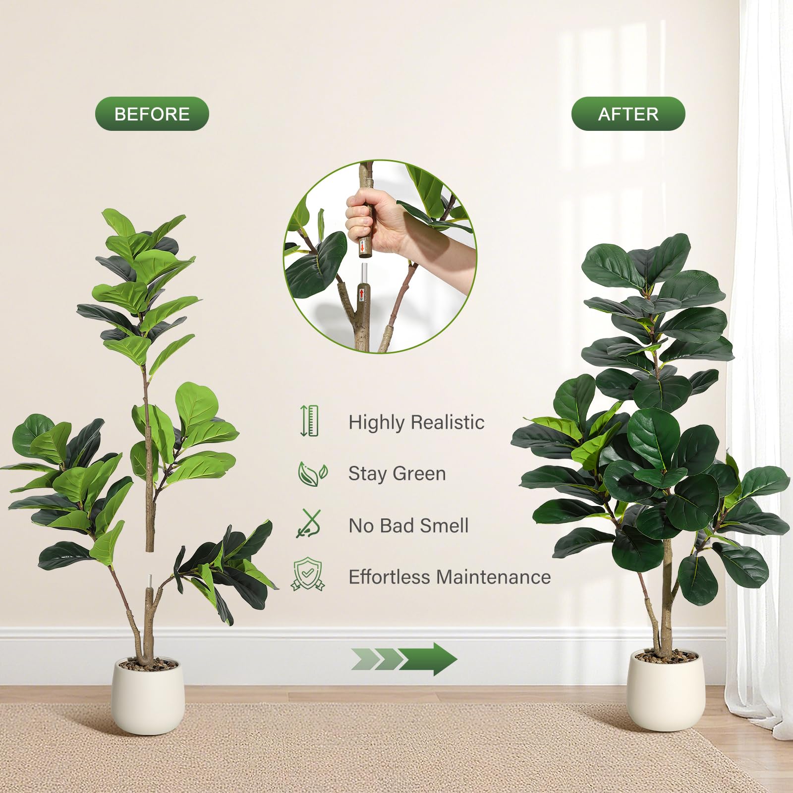 Ficus lyrata artificiel Garvee de 120 cm (4 pi) avec 48 feuilles, pot blanc de 20 cm (7,8 po), base en ciment robuste pour salon et bureau