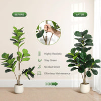 Ficus lyrata artificiel Garvee de 120 cm (4 pi) avec 48 feuilles, pot blanc de 20 cm (7,8 po), base en ciment robuste pour salon et bureau
