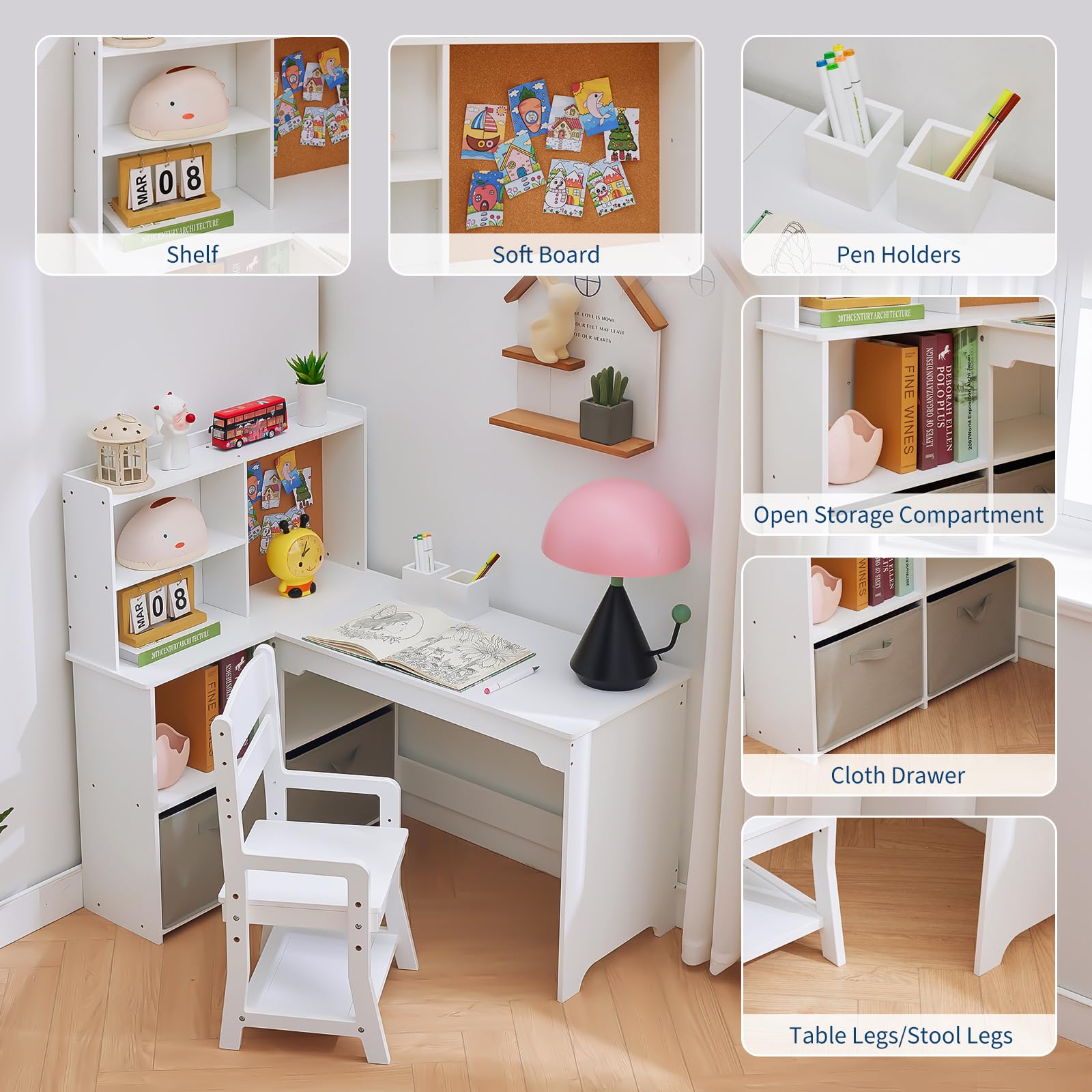 Bureau d'angle Garvee pour enfant avec chaise, en forme de L, blanc, pour chambre d'enfant, 101,6 cm x 106,7 cm x 78,7 cm