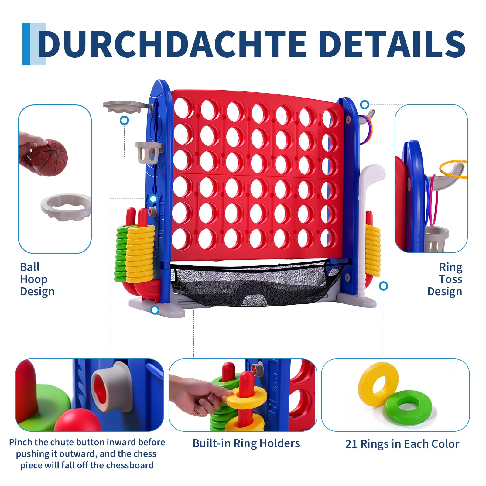 Jeu géant 4 en 1 Garvee Puissance 4 avec panier de basket et jeu d'anneaux pour le jardin et les fêtes de famille, hauteur réglable, robuste en PE/PP, portable