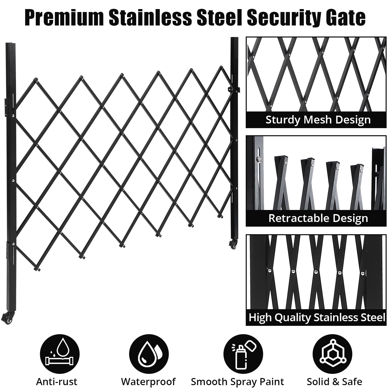 Portail de sécurité pliant Garvee simple, acier 180 x 155 cm, avec roulettes à 360° verrouillables, pour cour et garage, noir