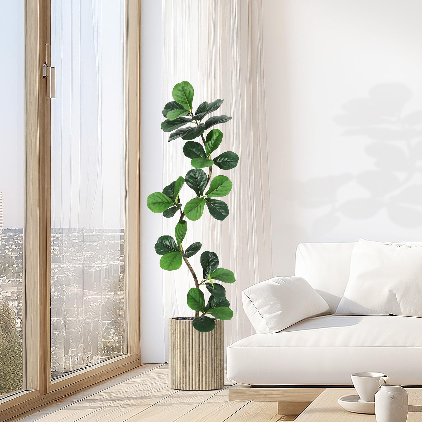 Garvee Ficus lyrata artificiel 152 cm en forme de S, pot blanc, feuilles en soie réalistes et branches ajustables, vert