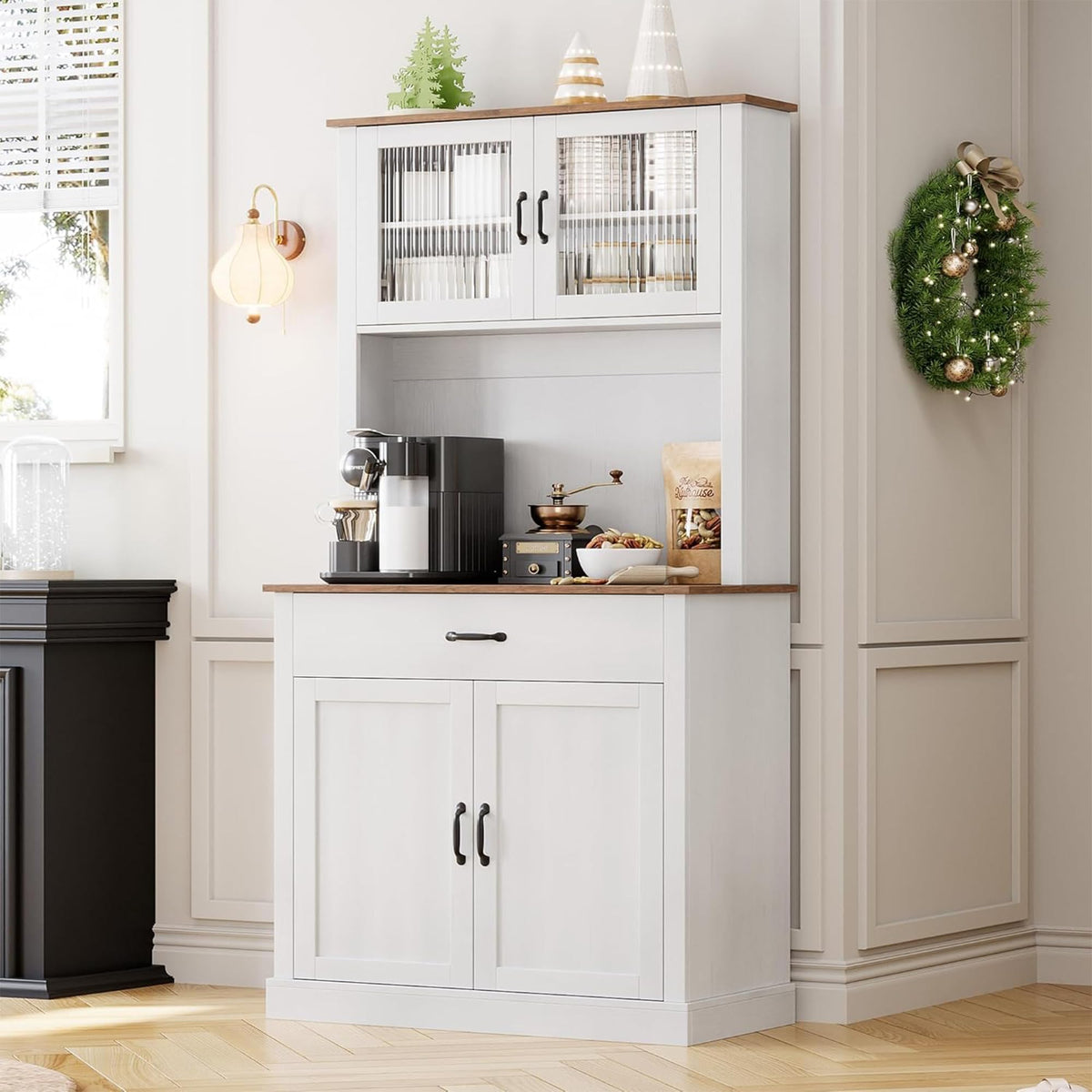 Garvee meuble de cuisine, 180 cm de haut, avec étagères réglables et façade en verre blanc, pour micro-ondes et salle à manger
