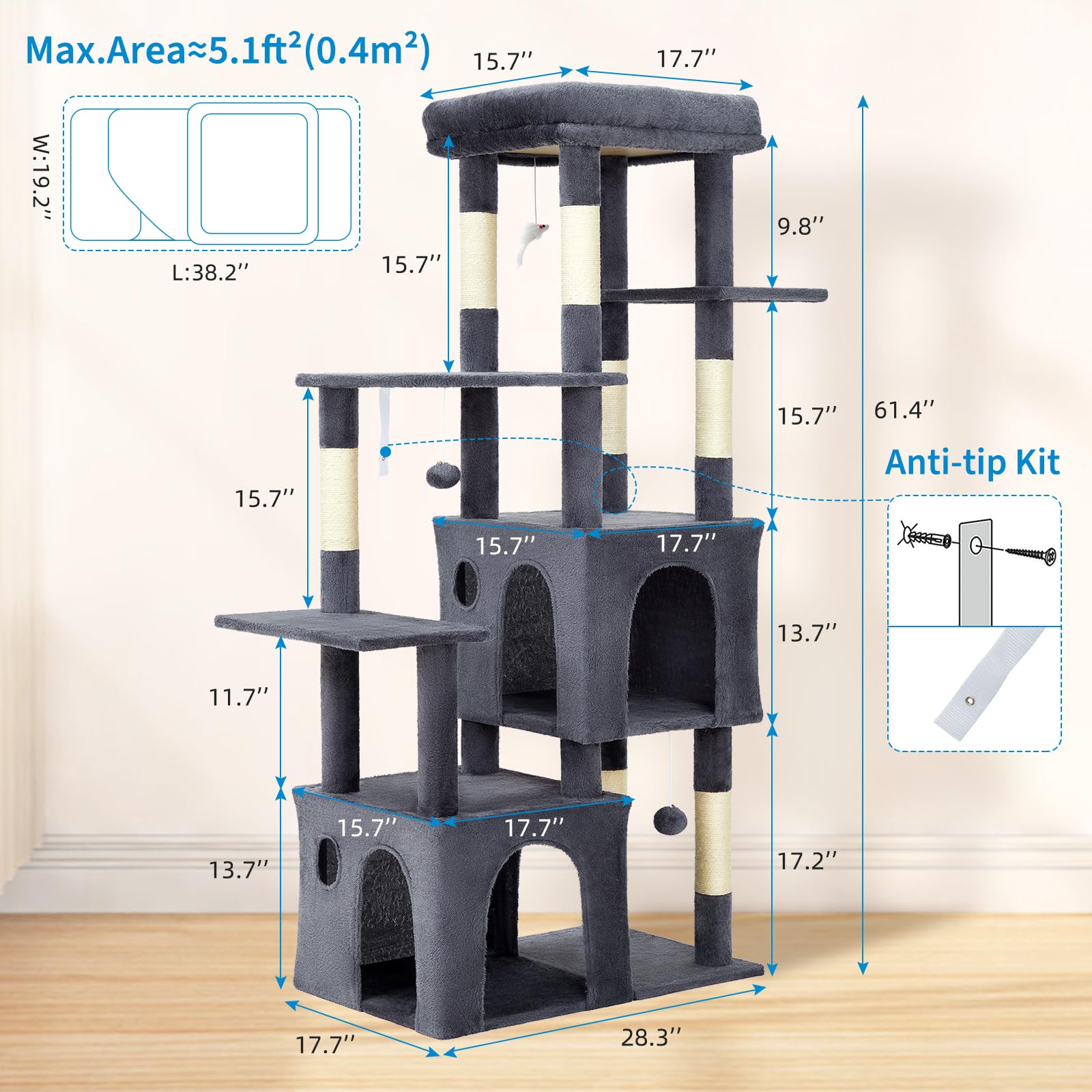 Garvee Arbre à Chat 155 cm Multi-Niveaux pour Grands Chats, Tour Stable avec Grande Plateforme, Gris Foncé, Intérieur