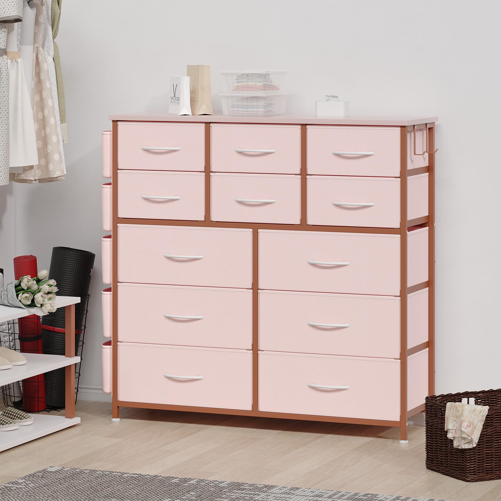 Garvee commode à 12 tiroirs, en tissu, structure en métal, plateau en bois avec poches latérales et crochets, pour la chambre, rose