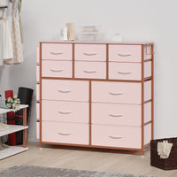 Garvee commode à 12 tiroirs, en tissu, structure en métal, plateau en bois avec poches latérales et crochets, pour la chambre, rose