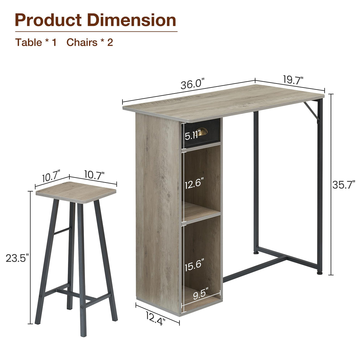 Ensemble table et chaises de bar rustiques Garvee, 3 pièces avec rangement, coussins ergonomiques, structure en métal, compact et imperméable. Idéal pour appartement et bar.