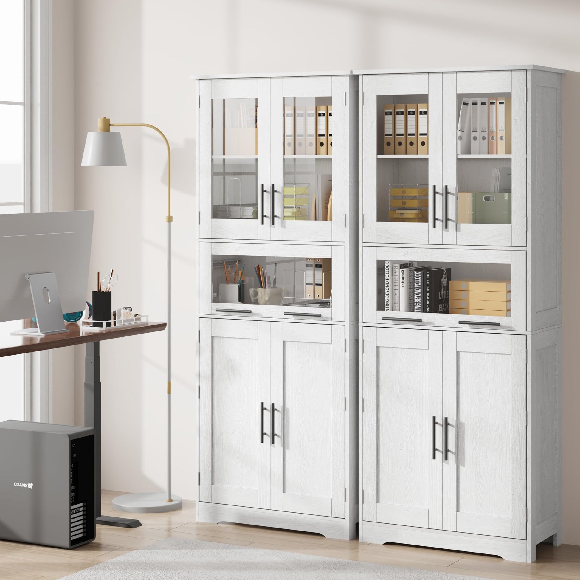 Armoire de salle de bain haute Garvee avec portes vitrées, étagères réglables, MDF, blanche, pour cuisine et salon, 60 x 30 x 170 cm