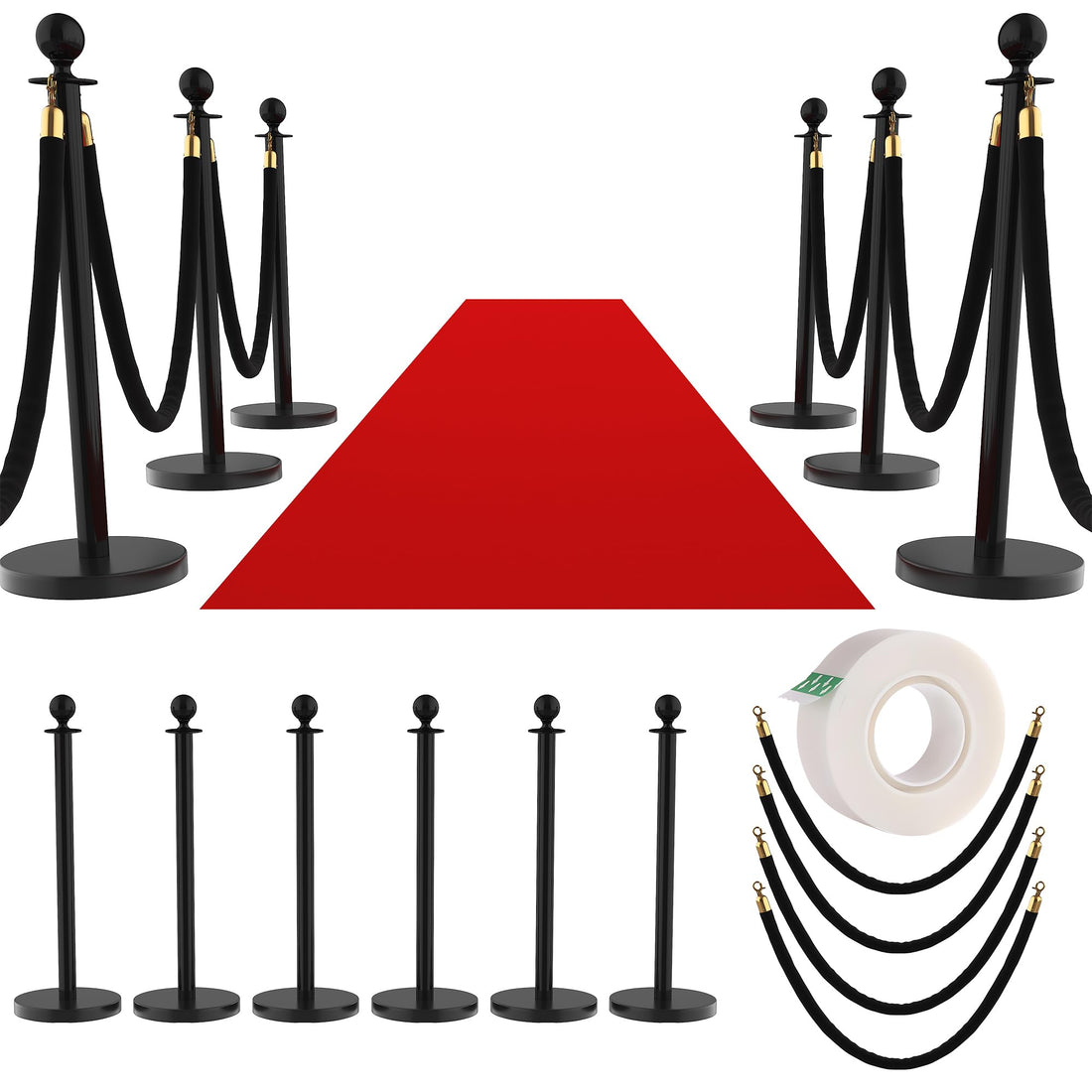 Ensemble de 12 piédestaux Garvee en acier inoxydable avec cordons en velours rouge de 1,5 m pour mariages et événements, base en béton, montage sans outil, antirouille
