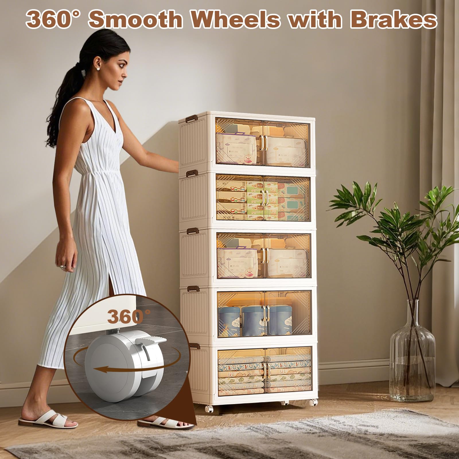 Garvee Boîtes de rangement empilables 5 niveaux avec roulettes, pliables, portes magnétiques transparentes, pour salon et chambre, 45 x 27 x 116cm