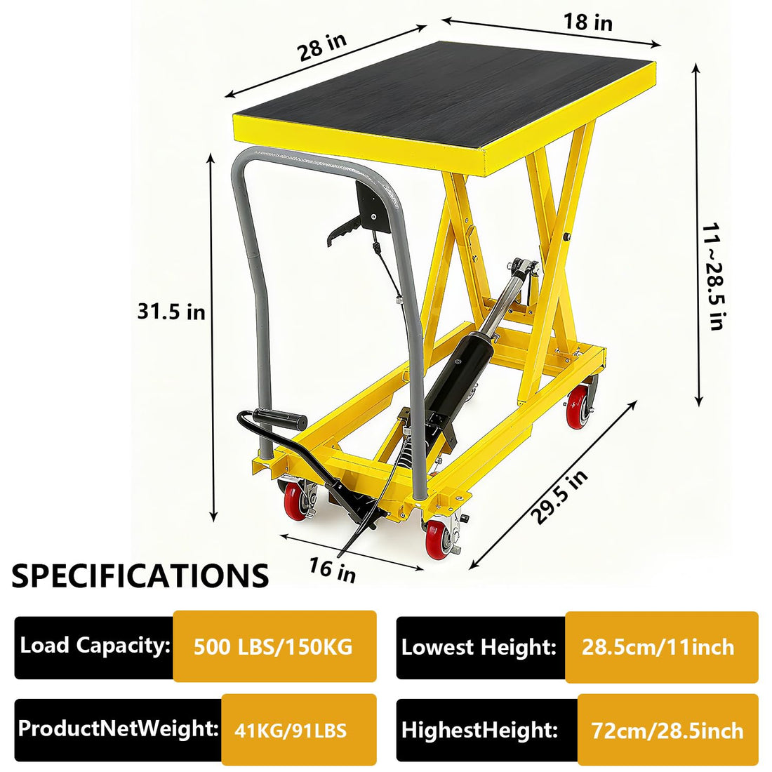 Table élévatrice hydraulique Garvee jaune 72 cm – 227 kg, mécanisme à double ciseaux, plaque antidérapante et barre de sécurité