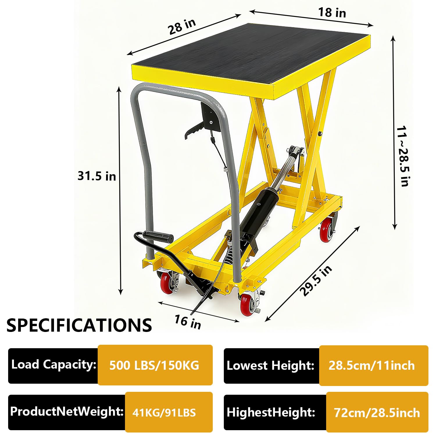 Table élévatrice hydraulique Garvee jaune 72 cm – 227 kg, mécanisme à double ciseaux, plaque antidérapante et barre de sécurité