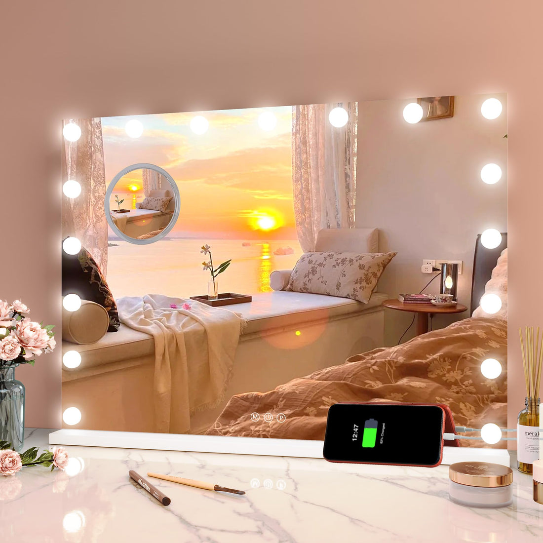 Miroir de maquillage Garvee Hollywood 80 x 60 cm, 17 LED, tactile, blanc, pour maquillage professionnel
