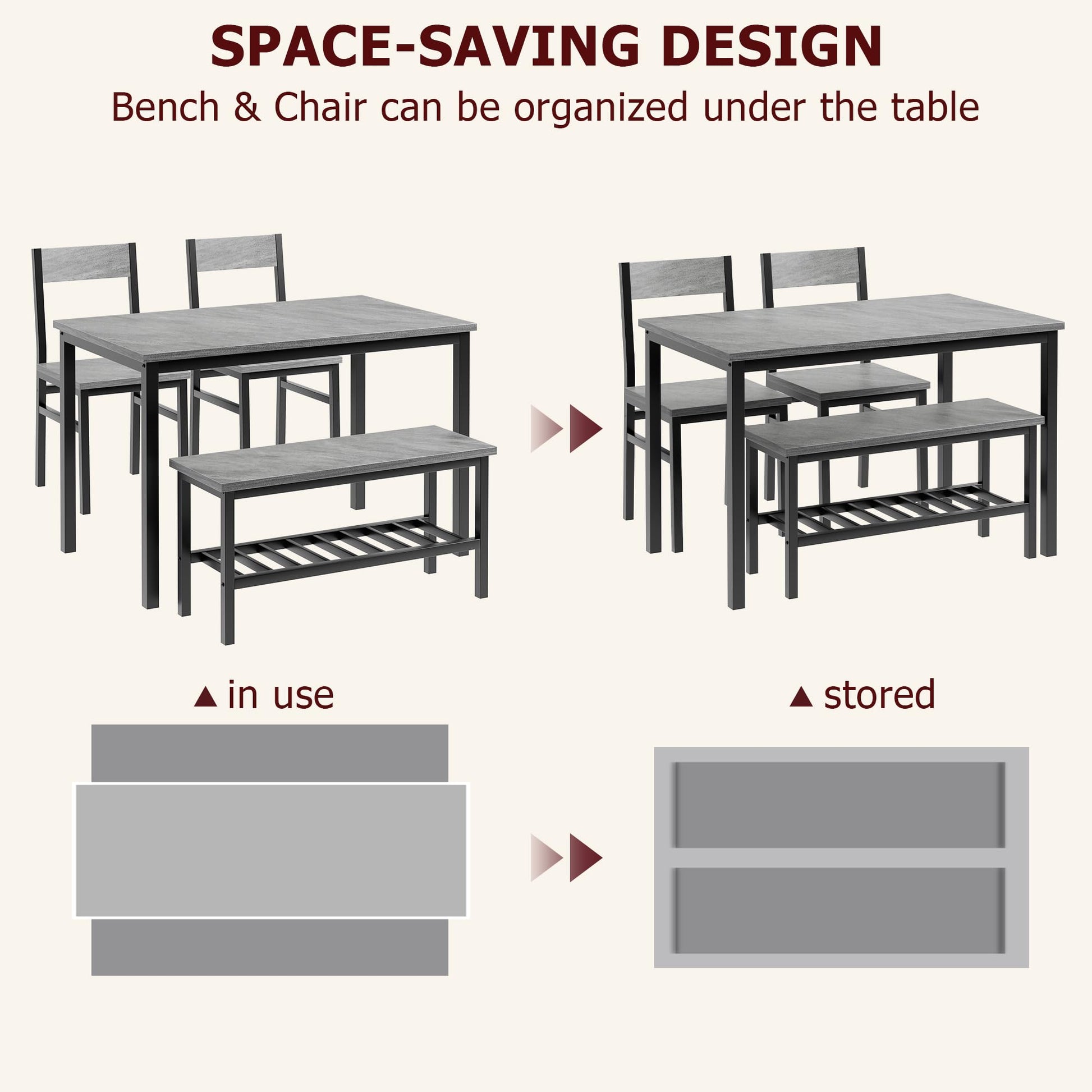 Ensemble de salle à manger Garvee pour 4 personnes avec banc, rangement, structure robuste en MDF et acier, gain de place, polyvalent, gris, idéal pour les petits appartements