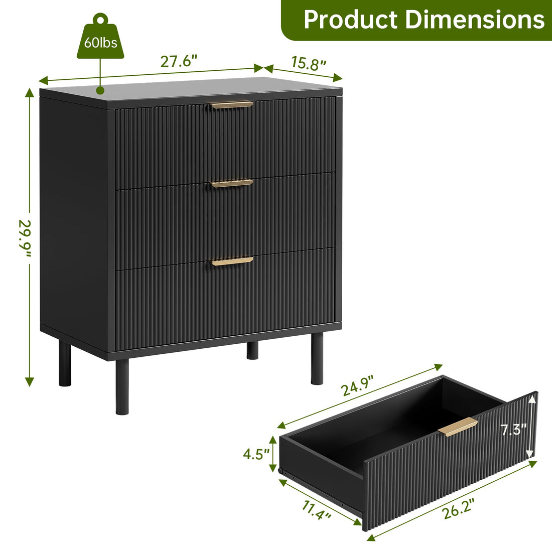 Garvee commode noire cannelée à 3 tiroirs, pieds en métal, mélamine noire, pour la chambre et le salon