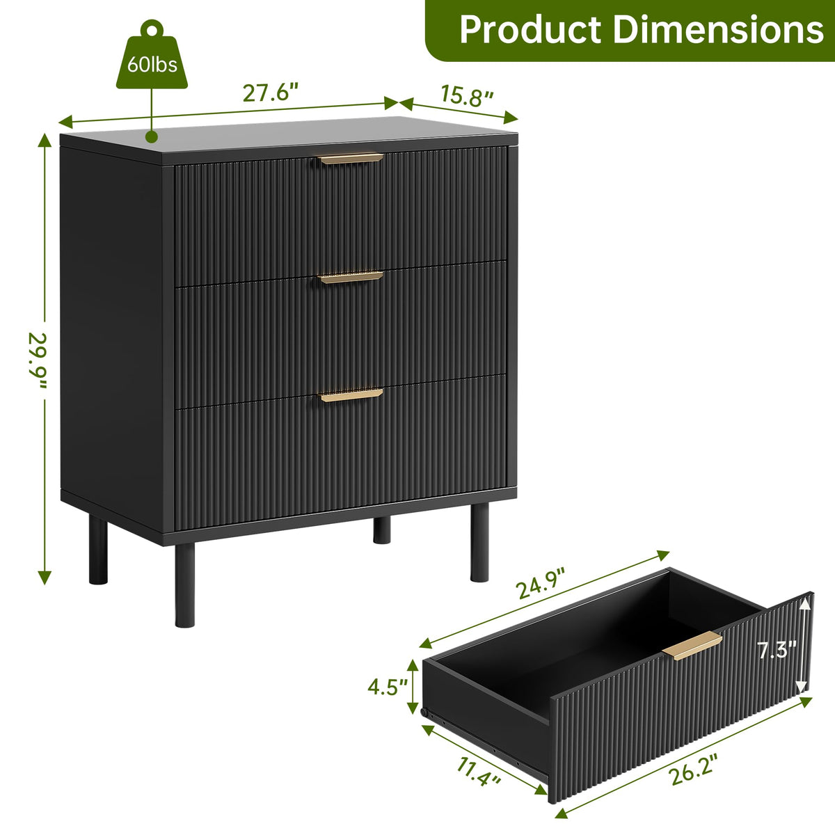 Garvee commode noire cannelée à 3 tiroirs, pieds en métal, mélamine noire, pour la chambre et le salon