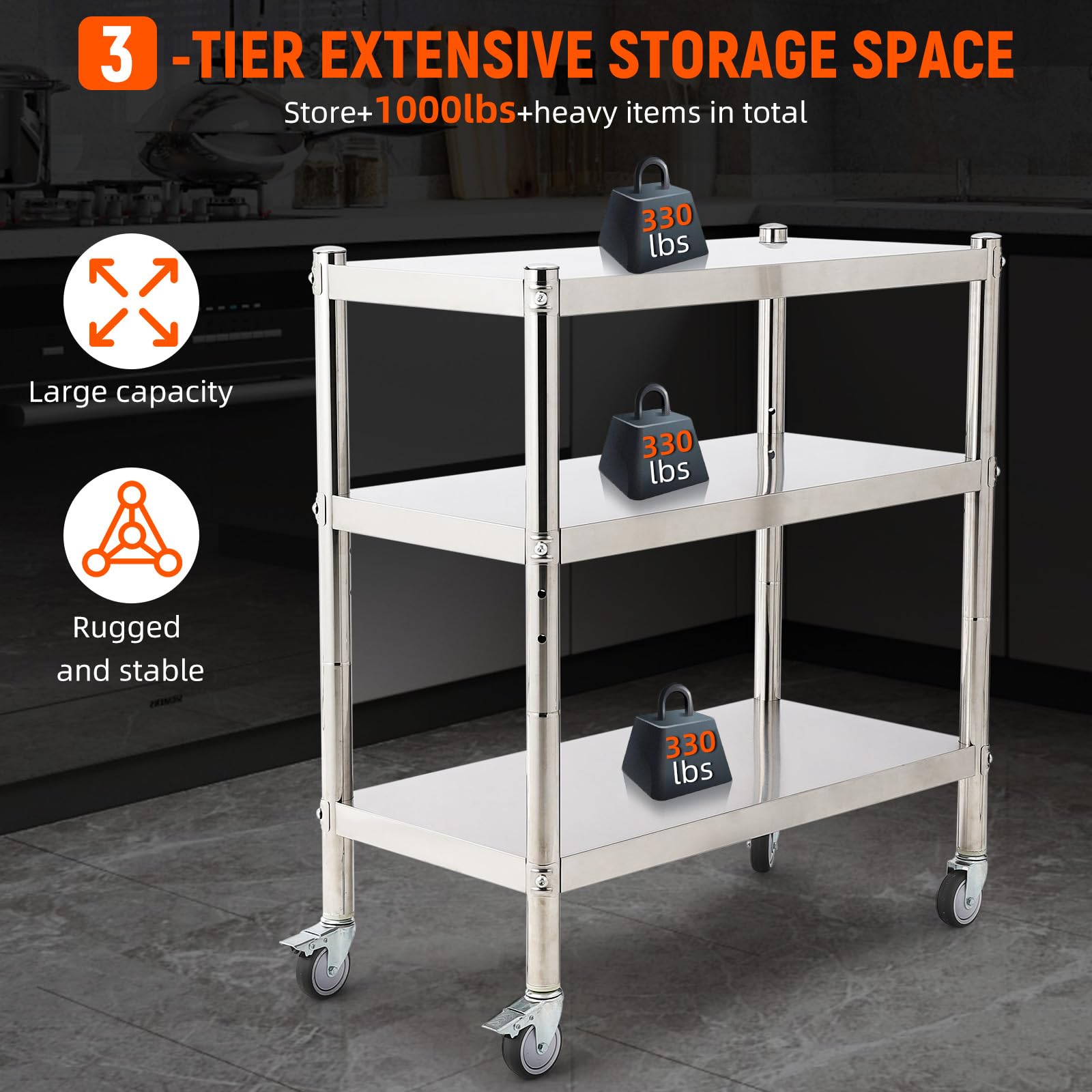 Étagère Garvee en acier inoxydable 81 x 41 x 91 cm, 3 niveaux, hauteur réglable, antirouille, robuste, idéale pour la cuisine et le rangement, couleur argent.