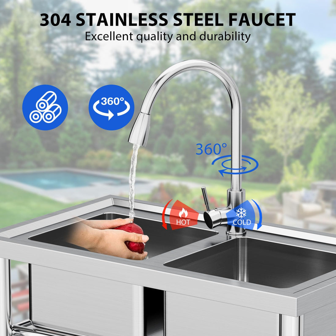 Garvee Évier de Cuisine Professionnel en Inox, Double Bac Autoportant avec Robinet Extractible, Étagère et Raccords Eau Chaude/Froide