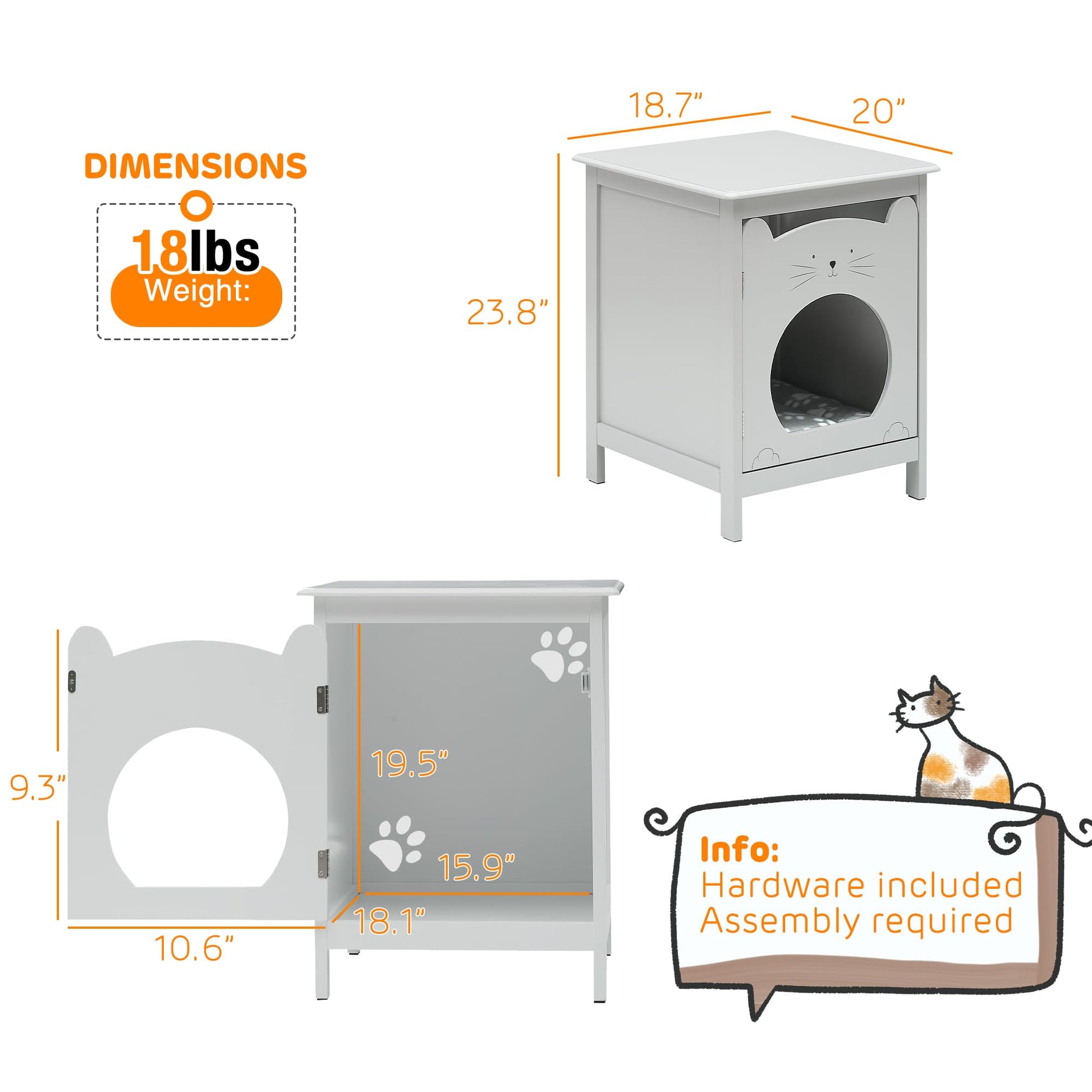 Garvee Bac à litière pour chat avec porte et aération, servant de table d'appoint pour le salon, 47,5 cm (L) x 50,8 cm (l) x 60,5 cm (H), gris
