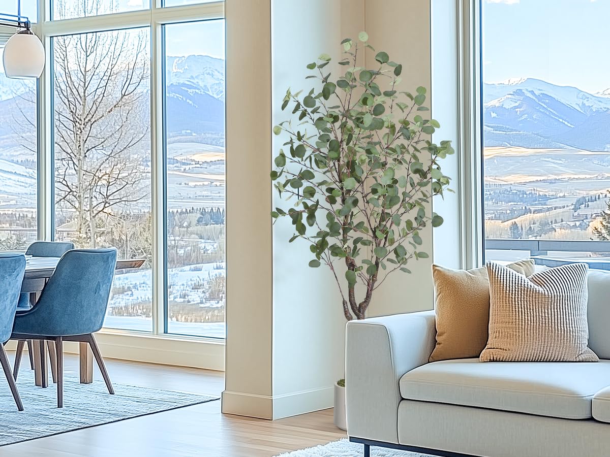 Eucalyptus artificiel Garvee de 1,5 m avec 50 lumières LED, pot en plastique, branches ajustables, facile d'entretien, idéal pour le salon et le bureau, blanc