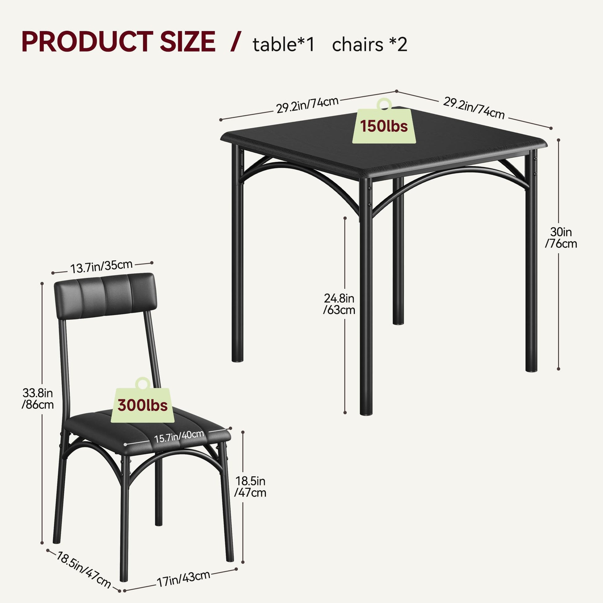 Ensemble de salle à manger Garvee pour 2 personnes avec chaises rembourrées, structure robuste en MDF et acier, noir rustique, gain de place, idéal pour les petites pièces