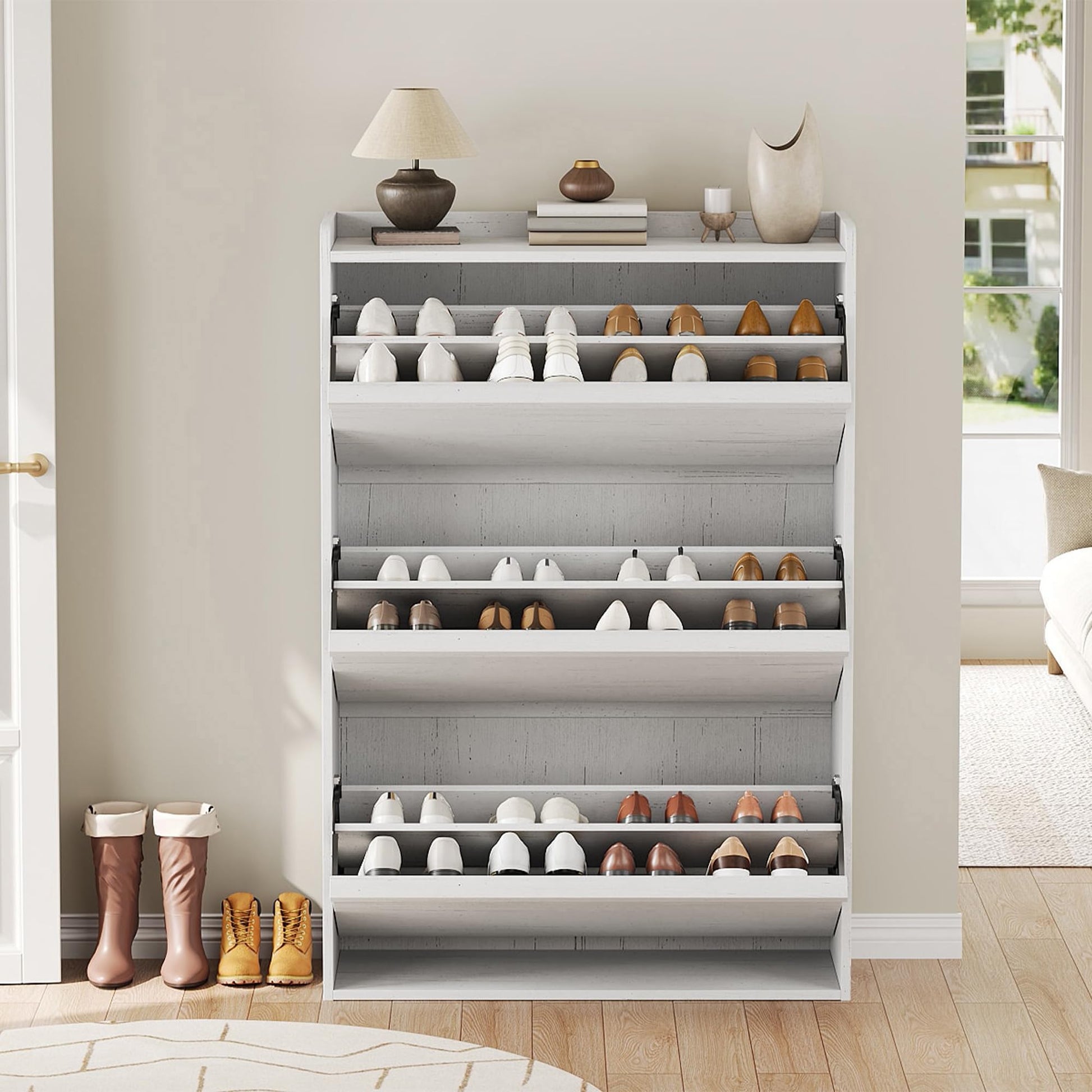 Meuble à chaussures Garvee avec 3 tiroirs abattants, étagère réglable, bois MDF, blanc, pour entrée et salon, gain de place, antidérapant, 80,5 cm x 25,9 cm x 117 cm