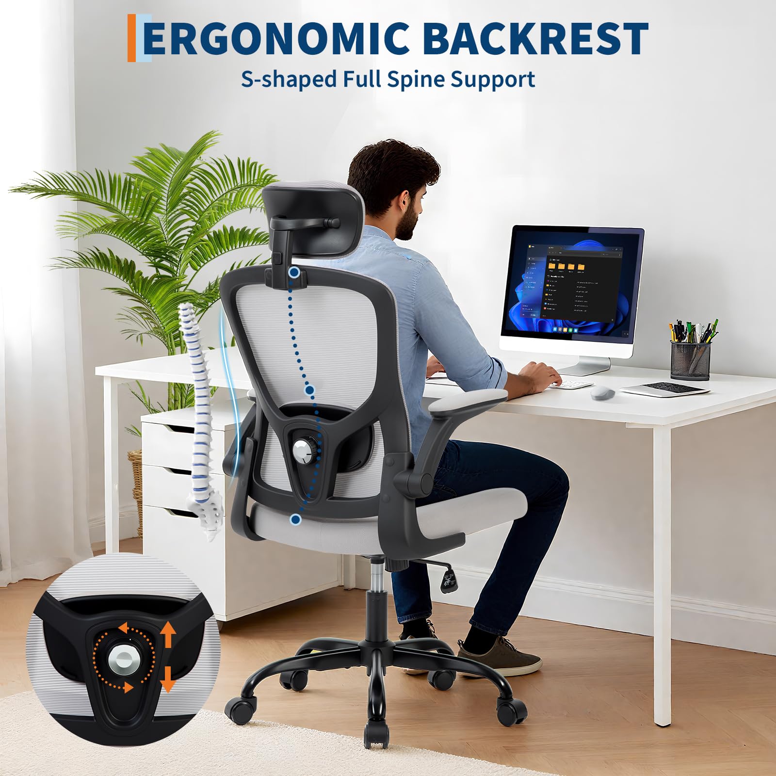 Chaise de bureau ergonomique Garvee avec soutien lombaire et appui-tête réglables, maille respirante, accoudoirs pliables, pivotante, grise, bureau