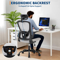 Chaise de bureau ergonomique Garvee avec soutien lombaire et appui-tête réglables, maille respirante, accoudoirs pliables, pivotante, grise, bureau