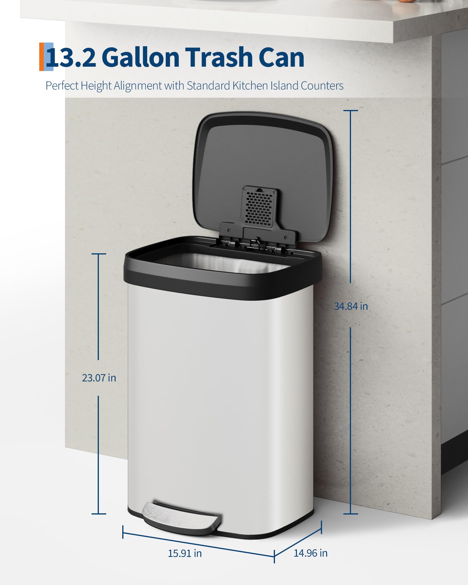 Poubelle en métal Garvee 50 L (13 gal) avec couvercle, acier inoxydable, fermeture amortie, blanche, pour îlot de cuisine