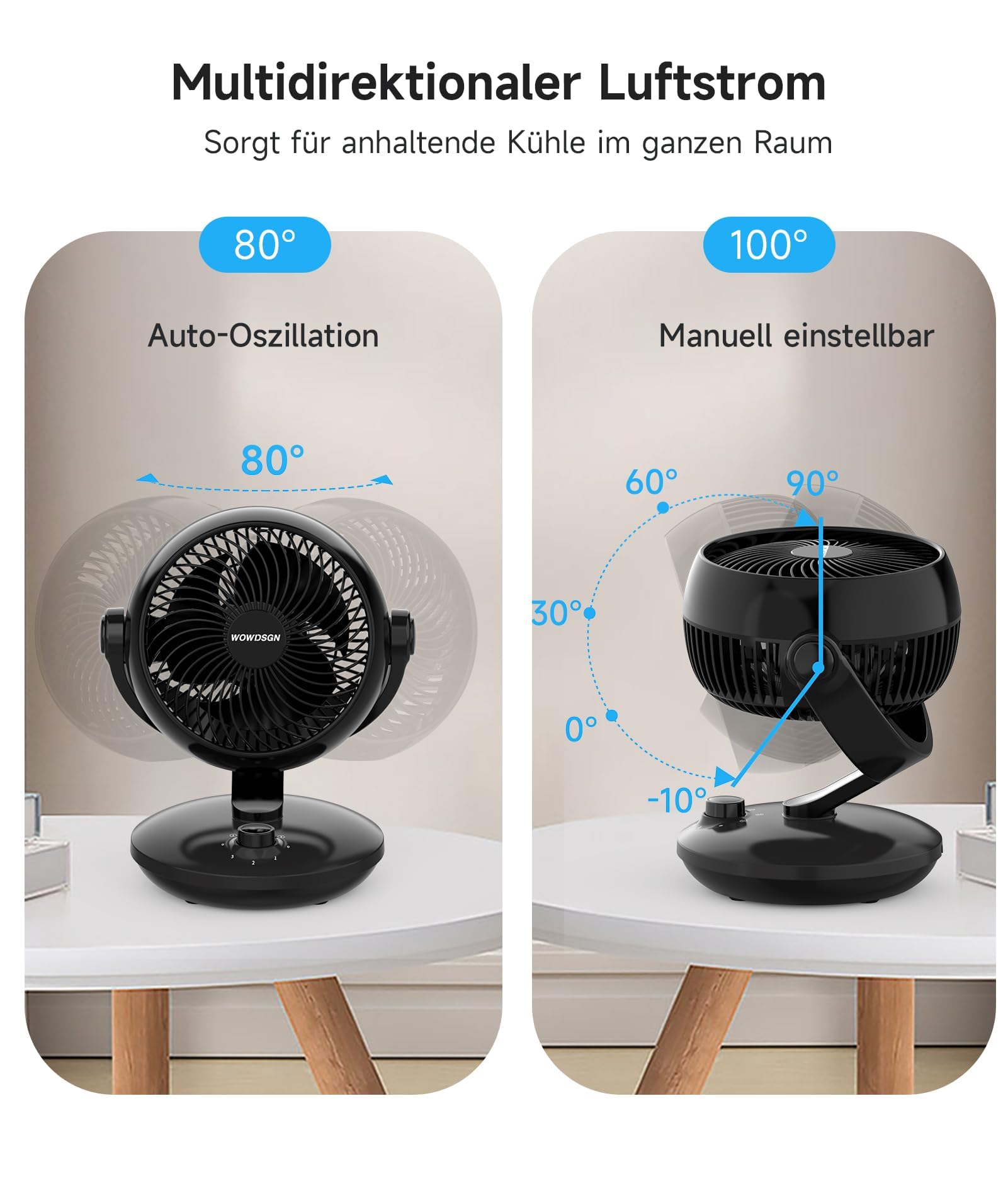 Ventilateur de table silencieux Garvee 24 dB avec oscillation 3D, circulation d'air turbo, 3 vitesses, noir, compact, pour bureau et chambre