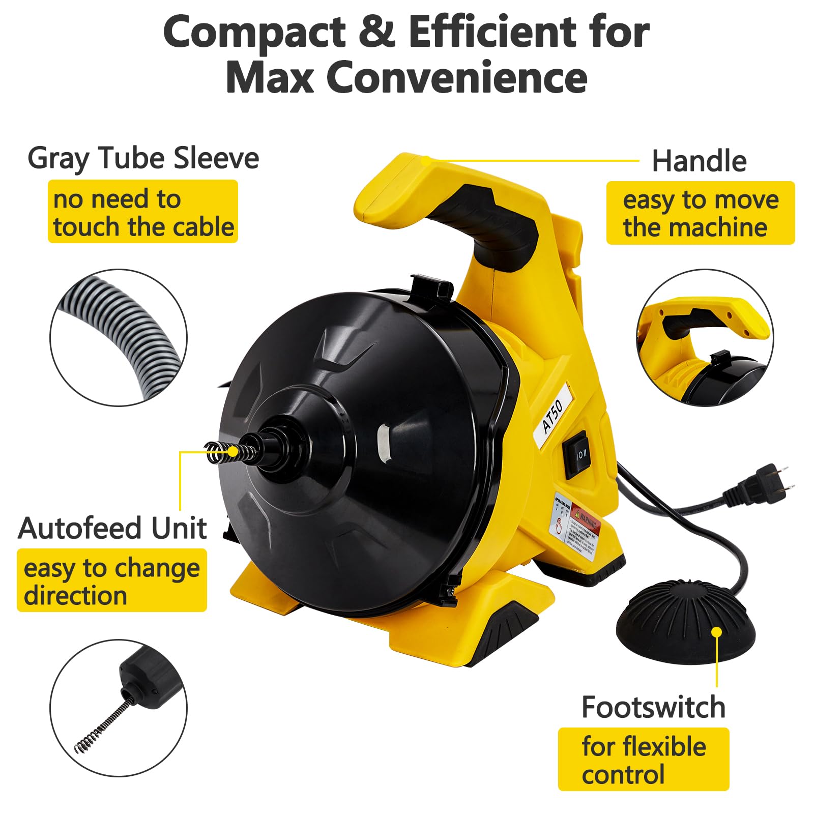 Garvee Déboucheur électrique 9 m x 7,6 mm à avance automatique, pour tuyaux 19–51 mm, câble acier, pédale, éviers, WC et évacuations de sol