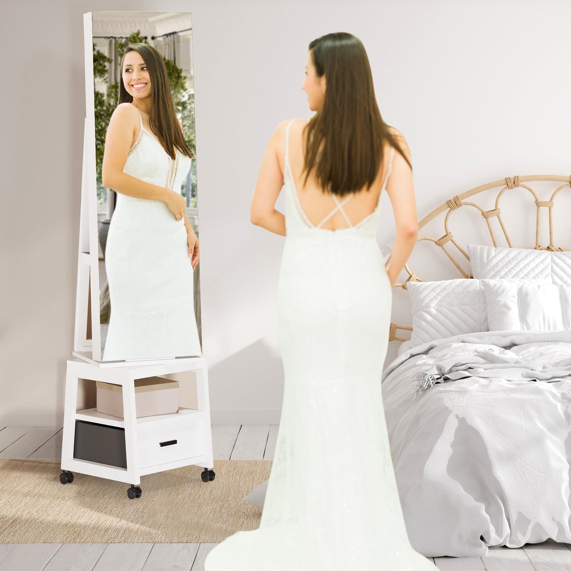 Armoire à bijoux pivotante à 360° Garvee avec éclairage LED, miroir de maquillage, miroir pleine longueur, intérieur en velours, verrouillable, sur roulettes, blanche - Idéale pour les chambres
