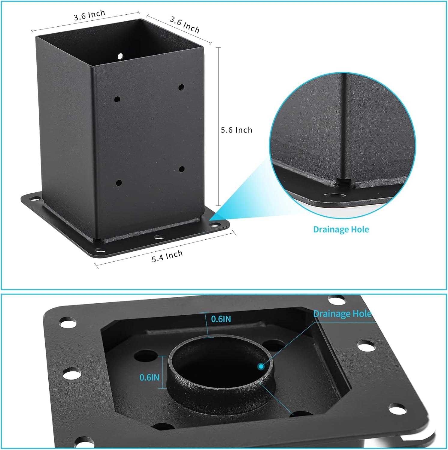 Garvee, ensemble de 4 supports de poteaux en acier de 2 mm pour poteaux en bois 4x4, renfort sur les quatre côtés, revêtement en poudre noir, ensemble complet pour patios et clôtures