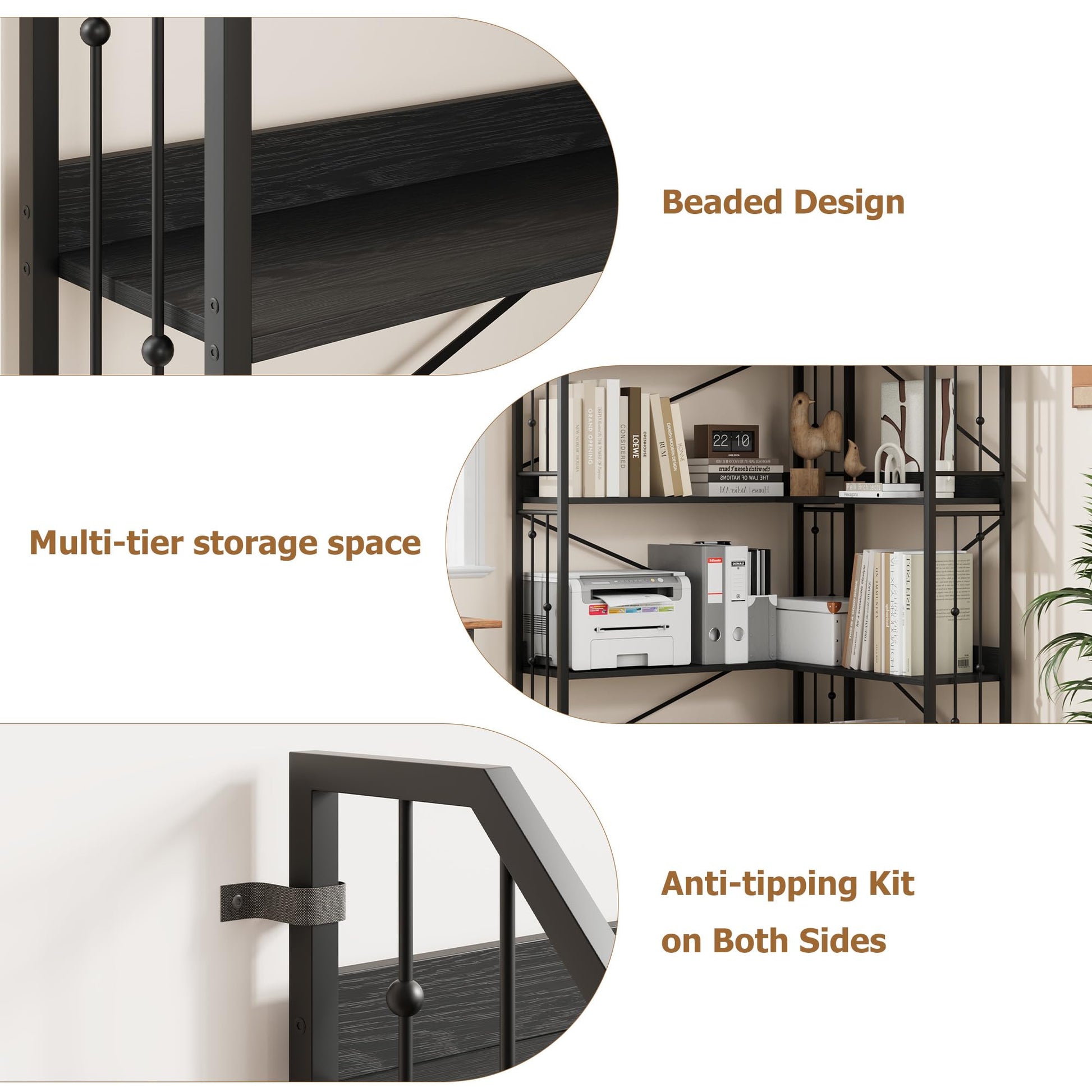 Étagère d'angle Garvee 183 cm (72 po) en forme de L, style industriel, en métal et MDF, pour salon et chambre, robuste, anti-basculement, 5 niveaux, noire