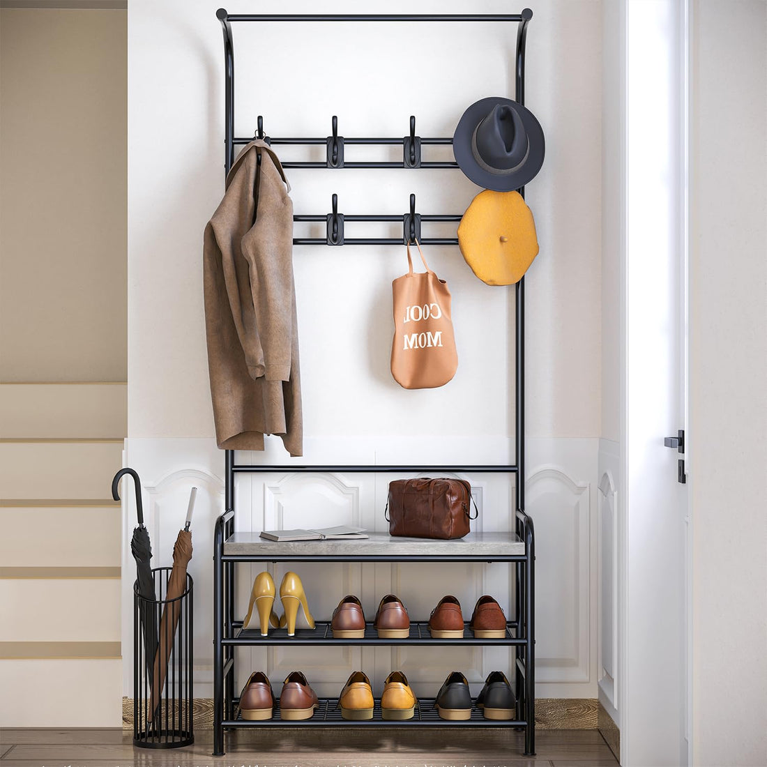 Porte-chaussures Garvee avec banc et 8 crochets, armoire 4 en 1 pour entrée et chambre, 60 x 30 x 180 cm, gris