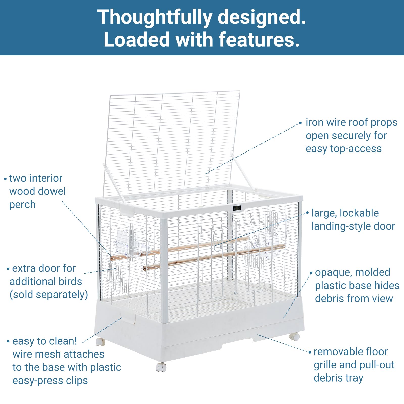 Cage à oiseaux Garvee 71 cm (28 pouces) avec thermo-hygromètre, plateau amovible et structure métallique robuste, idéale pour les perruches et les perroquets, à la maison comme en voyage.