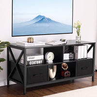 Meuble TV Garvee pour téléviseurs jusqu'à 50 pouces, avec 2 tiroirs en tissu et des étagères ouvertes, structure en acier, design moderne, noir, polyvalent.